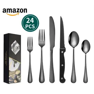 Amazon venda quente 2023 24pcs black steak faca colher garfo conjunto de talheres de aço inoxidável