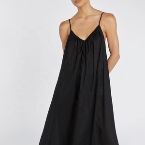 Robe longue personnalisée pour <span class=keywords><strong>femme</strong></span>, été, respirante, écologique, en lin et coton, col en V, bretelles spaghetti, couleur unie, <span class=keywords><strong>taille</strong></span> naturelle - Product Image 3