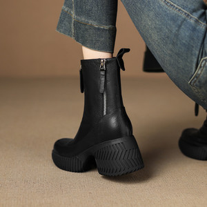 Botines de Moda de Piel de Oveja de Alta Calidad, Versátiles, de Color Sólido, Antideslizantes, Impermeables, con Tacón de Cuña y Tacón Medio - Product Image 6