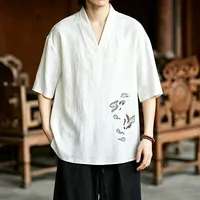 T-shirt ample pour homme, col en V, broderie grue, mélange coton-lin, tenue décontractée