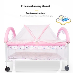 Princess Style Baby Bed with Fabric Upholstery Metal Frame <b>Roller</b> Storage Layer Foldable Design for Babies - Product Image 1