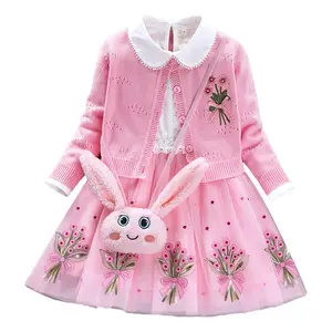Wholesale Two-Piece Girls' Cotton Knitted Sweater Suit Dress Embroidered ODM Casual Sport Outfits Boutique Fashionable 2pcs