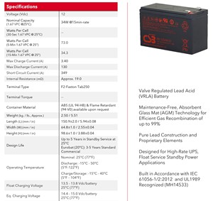 Batería CSB HR1234W F2 12V 34W 9Ah de Plomo-Ácido, Libre de Mantenimiento, Recargable, VRLA - Product Image 5