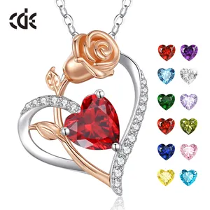 CDE YN1172 gümüş Birthstone takı kadınlar için 925 ayar gümüş kalp kolye gül çiçek kristal kalp şeklinde kolye