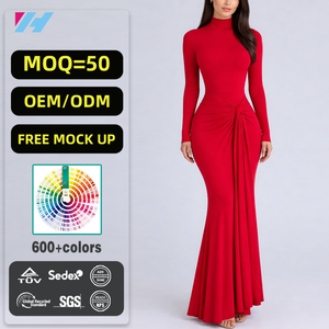 <span class=keywords><strong>Abito</strong></span> <span class=keywords><strong>Lungo</strong></span> Estivo Casual di Alta Qualità Personalizzato, Maniche Lunghe, Tinta Unita, Tessuto Intrecciato, Orlo a <span class=keywords><strong>Balze</strong></span> Rosso per Feste - Product Image 1