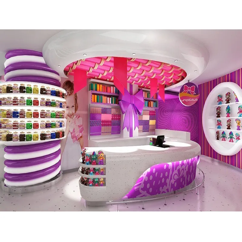 Soporte de exhibición Interior de tienda de dulces, diseño colorido, árboles de caramelo, muebles de exhibición