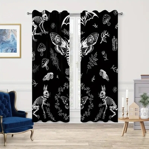 Cortinas Góticas de Halloween con Estampado de Conejo, Esqueleto, Polilla y Champiñón, Decoración de Ventanas, Cortinas de Terror para el Hogar, 2 Paneles Personalizables - Product Image 1