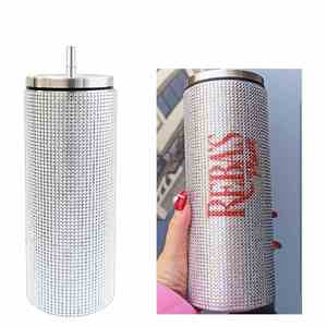 Gobelet isotherme droit en acier inoxydable avec logo personnalisé, strass et diamants, pour bouteille d'eau avec couvercle à paille - Product Image 3