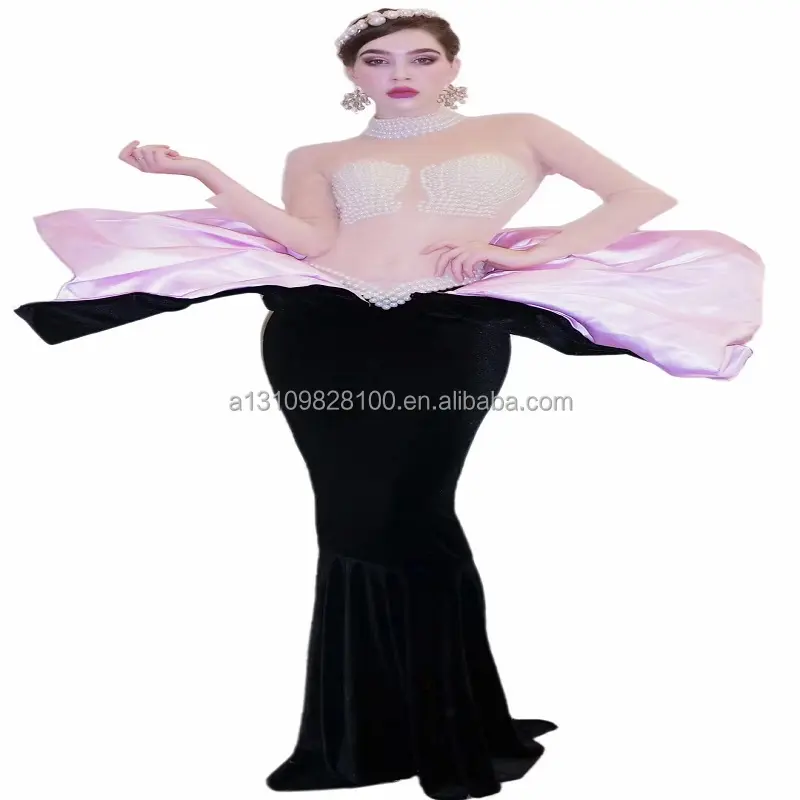 Nightclub bar female singer pearl shell dress buttocks long-sleeved skirt shell beads costume
