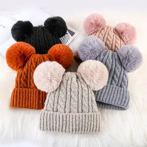 B792 여성 겨울 가짜 모피 Pom 비니 더블 공 니트 Beanies Pompom Beanies