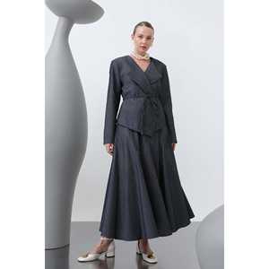 Elegante Conjunto de Traje para Mujer, Color Azul Marino, Estambre, Manga Larga, Otoño, Antiarrugas, con Detalle de Cinturón - Product Image 4