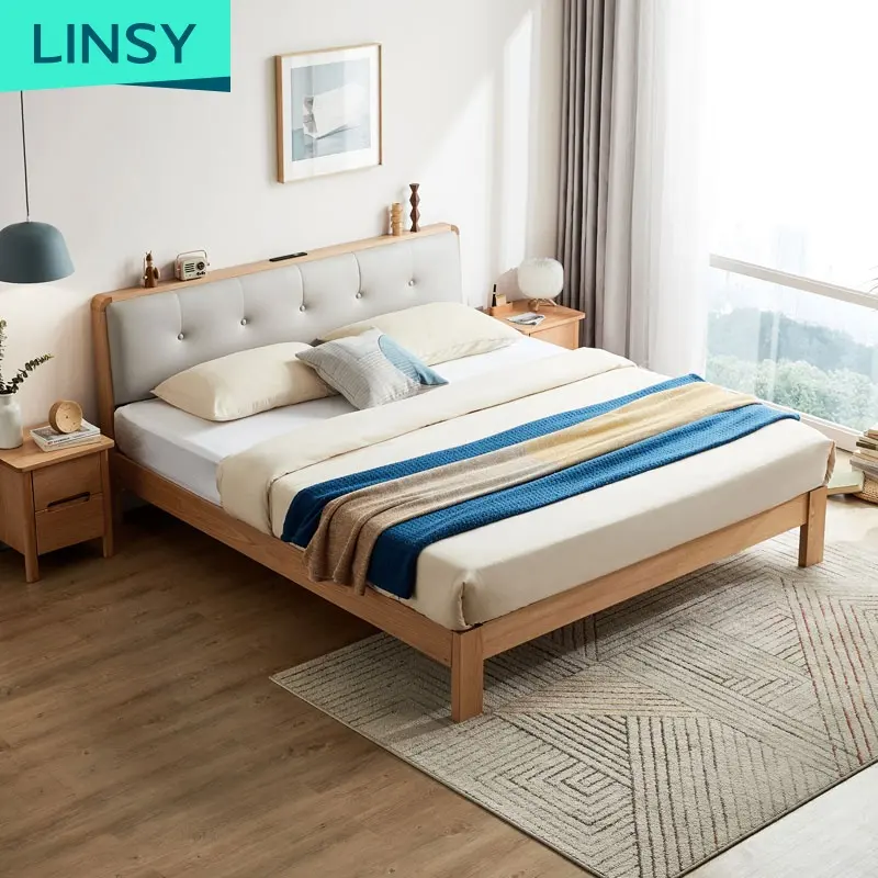 Linsy Minimalist lüks Modern yatak odası mobilyası yatak bacak ahşap kral kraliçe meşe ahşap depolama çift karyola iskeleti Hi2A