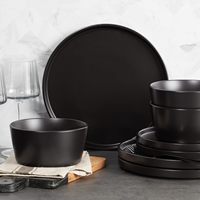 Service de vaisselle en porcelaine noire mate effet pierre, 16 pièces, jetable, compatible micro-ondes et lave-vaisselle, design moderne et robuste