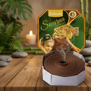Incienso de madera de ciprés indio Aroma Tulasi Swarna en espiral, perfumado, para uso religioso, diseño dorado, para todas las estaciones, duración de 24 horas. - Product Image 1