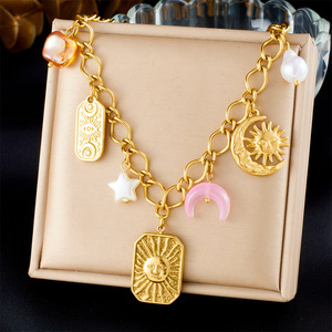 Sun And Moon Themed Stainless Steel Gold Plated Necklace With Star Pendant Clavicle Chain Fashion Jewelry Accessory - Product Image 1