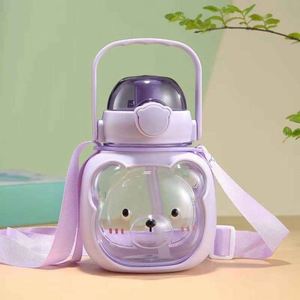 Cute Bear Kids Water Bottle With Strap Push Button Cap <b>Plastic</b> <b>Drinkware</b> For Travel Hiking Bpa Free - Product Image 4