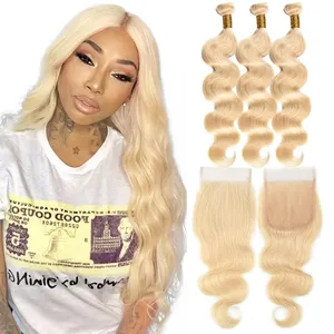 Blonde 613 Body Wave Raw Virgin Brazilian Hair Bundle and Lace Frontal, 613# Platinum Human Hair Bundles with Lace Closure