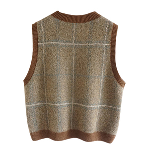<span class=keywords><strong>Laine</strong></span> Mohair Blend Col V Plaid Contraste Jacquard Sans Manches Pull Tricoté Gilet pour Femmes - Product Image 2
