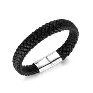 Fashionable Men's Beads Braided Alloy Br Style Black Thick Men'S Braided Leather Bracelets Bangle Diy