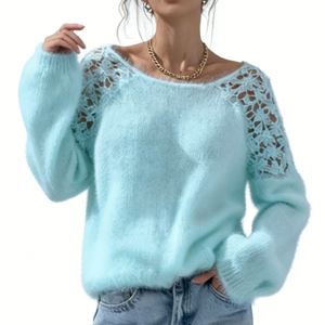 Pull en tricot duveteux pour femme - Haut à manches longues et col bateau avec empiècements en dentelle crochetée Sehe Fashion - Product Image 1