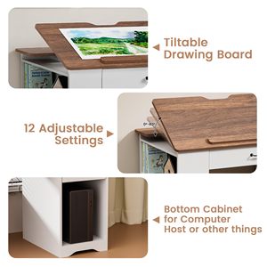 Mesa de Dibujo Ajustable SENYU con Gabinete de Almacenamiento, Cajones y 3 Estantes Abiertos, Escritorio Blanco para Arte, Manualidades y Pintura para Oficina en Casa - Product Image 4