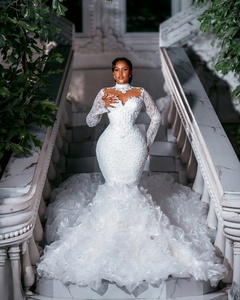 Robes de mariée sirène Aso Ebi arabes blanches avec traîne détachable, manches longues scintillantes, ornées de cristaux, grandes tailles - Product Image 4