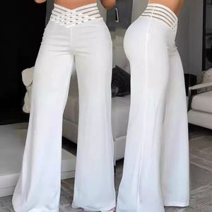 Pantalon décontracté taille haute pour femme, style européen et américain, coupe large, élégant, évasé, pour le bureau, avec ceinture ajourée - Product Image 1