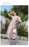 Été femmes 2 pièces ensemble mode rose coton noeud papillon court t-shirt + maille imprimé fleuri grande balançoire longue jupe costumes