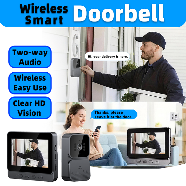 Wireless Visual Doorbell Camera Selfie Monitor Screen 4.3" Display Two-Way Audio Intercom Local Storage Easy Install Model M10