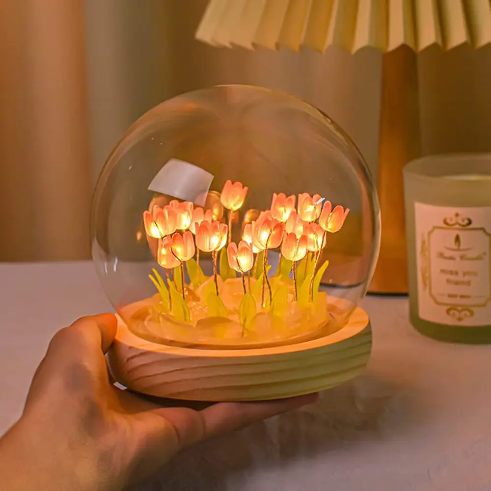 Thuis Decoratieve Diy Tulp Nachtlampje, Mini Led Tulp Kristallen Glazen Bal Nachtlampje Tulp Bloemen Lamp