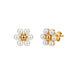Boucles d'oreilles clous en forme de fleur en acier inoxydable plaqué or et rhodium avec zircon, imitation perle, bijoux classiques et tendance pour femme, cadeau - Product Image 1