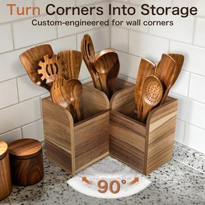 Boîte de rangement pour couverts en bois, organisateur d'angle multi-compartiments pour ustensiles de cuisine, couleur bois naturel, hauteur 6-7,9 pouces - Product Image 4