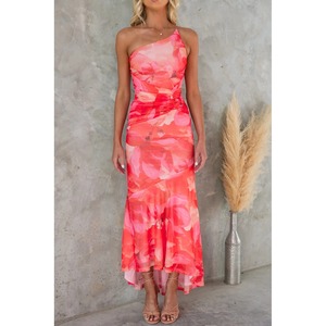 Vente chaude été col incliné hors de l'épaule femmes robe Maxi robe asymétrique imprimé croix épaule élastique robe - Product Image 4
