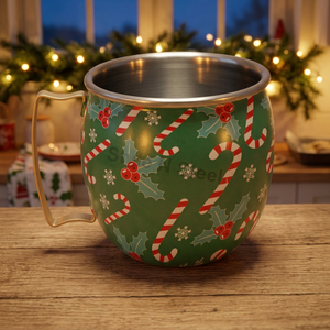 Vaso de acero inoxidable con asa, diseño navideño de bastón de caramelo verde, aislamiento térmico para fiestas - Product Image 2