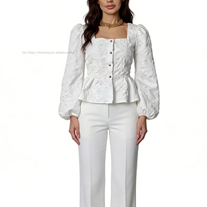 Women's Jacquard Square Neck Puff Sleeve Peplum Blouse - Button-Front Casual <b>Top</b> Shirt Fashion - Product Image 5