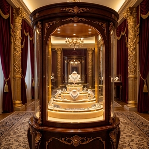 Vitrine à bijoux ronde vintage royale |   Vitrine de présentation de bijoux de qualité muséale |   Vitrine pour les magasins de détail de luxe - Product Image 5