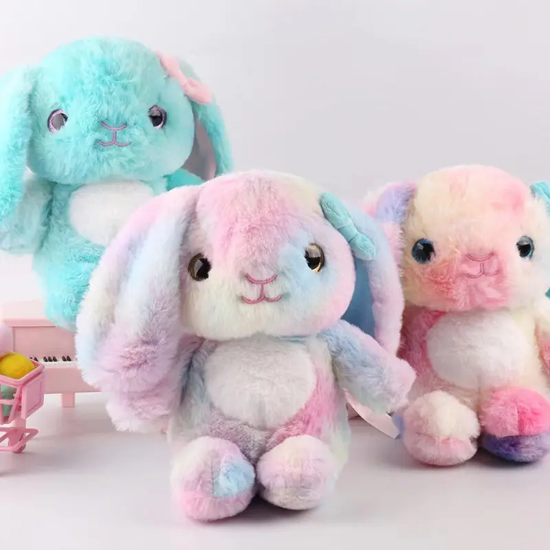 Custom Anime Cartoon Rainbow Rabbit Girls Stuffed Animal Toys Cute Big Ear Plush Rabbit