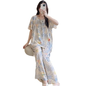Stampa alla moda pantaloni lunghi a manica corta in stile morbido e comodo in Rayon 2 pezzi pigiami in bambù <span class=keywords><strong>viscosa</strong></span> da esterno - Product Image 1