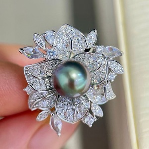Exquisita Perla Verde Pavo Real de Tahití de 8-9 mm, Incrustación Impecable, Diseño de Flor Ajustable de Lujo, Plata Pura Brillante, Flor de Lujo - Product Image 3
