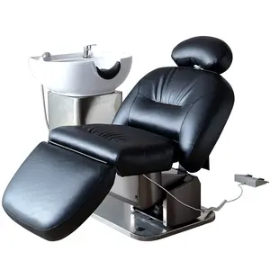 Funky vendita calda pieghevole salone massaggio shampoo sedia nera e bianco ciotola in ceramica con elettrico reclinabile gamba regolabile