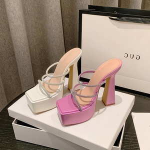 New Fashion Crystal Narrow Band Platform Women Slippers 2023 Summer Slide Extreme Chunky High Heels Party Dress Shoes - Product Image 5