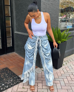 Tendance 2026 Nouveauté Jeans en denim décontracté pour femmes à taille haute, à bords effilochés et froncés, pour la rue et les soirées - Product Image 4
