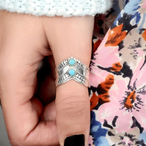 Anillo de Cóctel Geométrico A112 con Turquesa Natural Redonda en Engaste de Bisel, Anillos de Moda Unisex, Regalo - Product Image 3