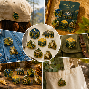 Ensemble de broches personnalisées en émail souple sur le thème de la forêt et de la nature, pour le camping et la randonnée, avec motifs hibou, champignon, canoë, paysage naturel, en métal doré, souvenirs de voyage - Product Image 3