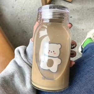 Glass Water Bottle With Cartoon Bear Design Large Capacity Transparent For Students Summer Use - Product Image 1