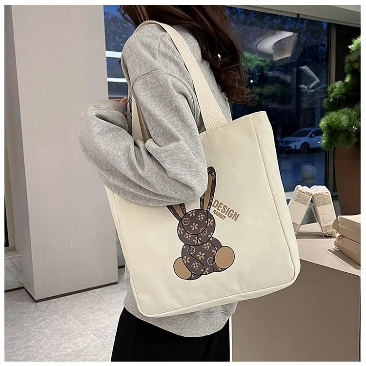 Katoenen Tas Custom Logo Womens Fashion Canvas Bedrukt Dames Schouder Katoenen Winkelen Handvat Tassen Met Binnenzakken