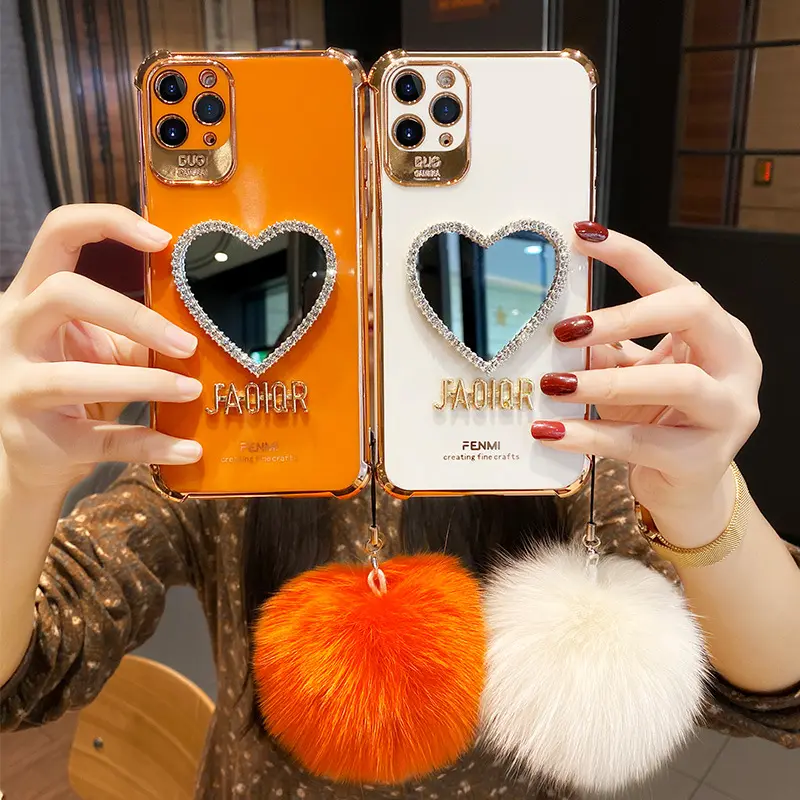 Makeup Mirror Soft TPU Shockproof Girls Cover For iPhone 11 12 13 14 Pro Max SE 2022 Phone Case With Hairball