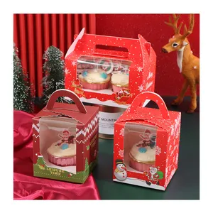 Christmas Theme 1/2 Holes Clear Window Muffin Cake Handle Box Cupcake Packaging Xmas Candy Party Favor Paper Boxes With Handle