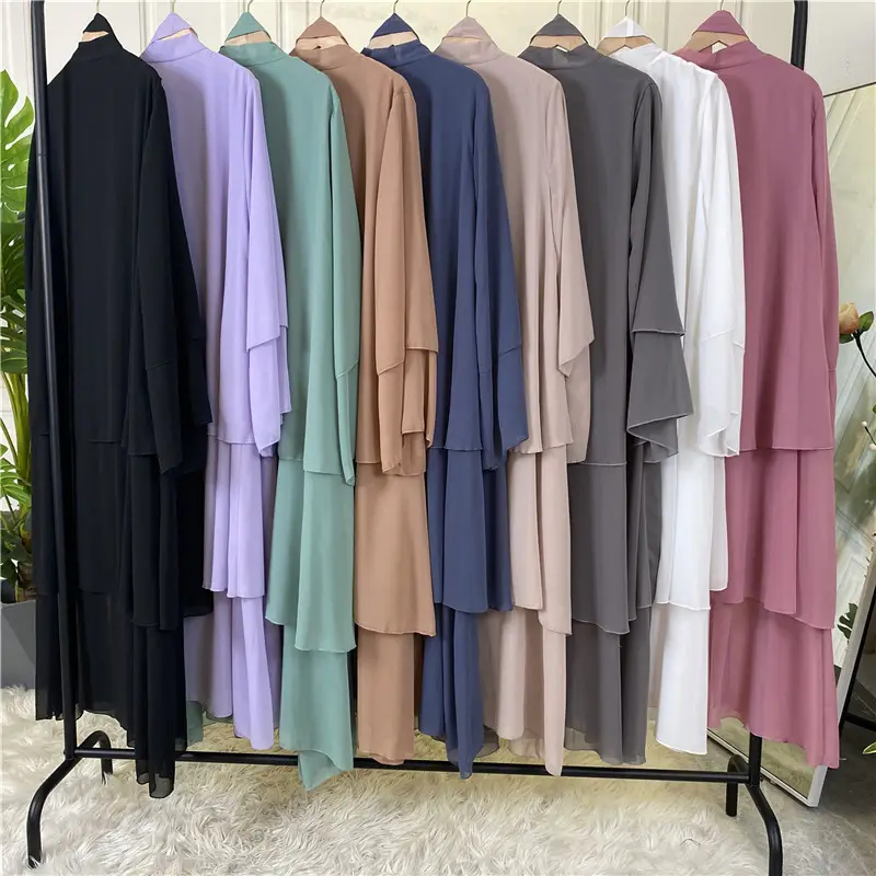 Layer Chiffon Solid Open Abaya Kimono Dubai Turkey Kaftan Cardigan Muslim Dresses For Women Islamic Clothing