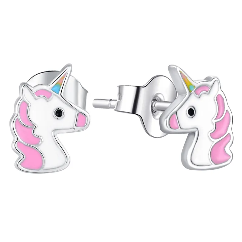 Wholesale OEM Rhodium Plated Girls Enamel Children's Stud Earrings Jewelry Kids 925 Sterling Silver Cute Animal Unicorn Earrings